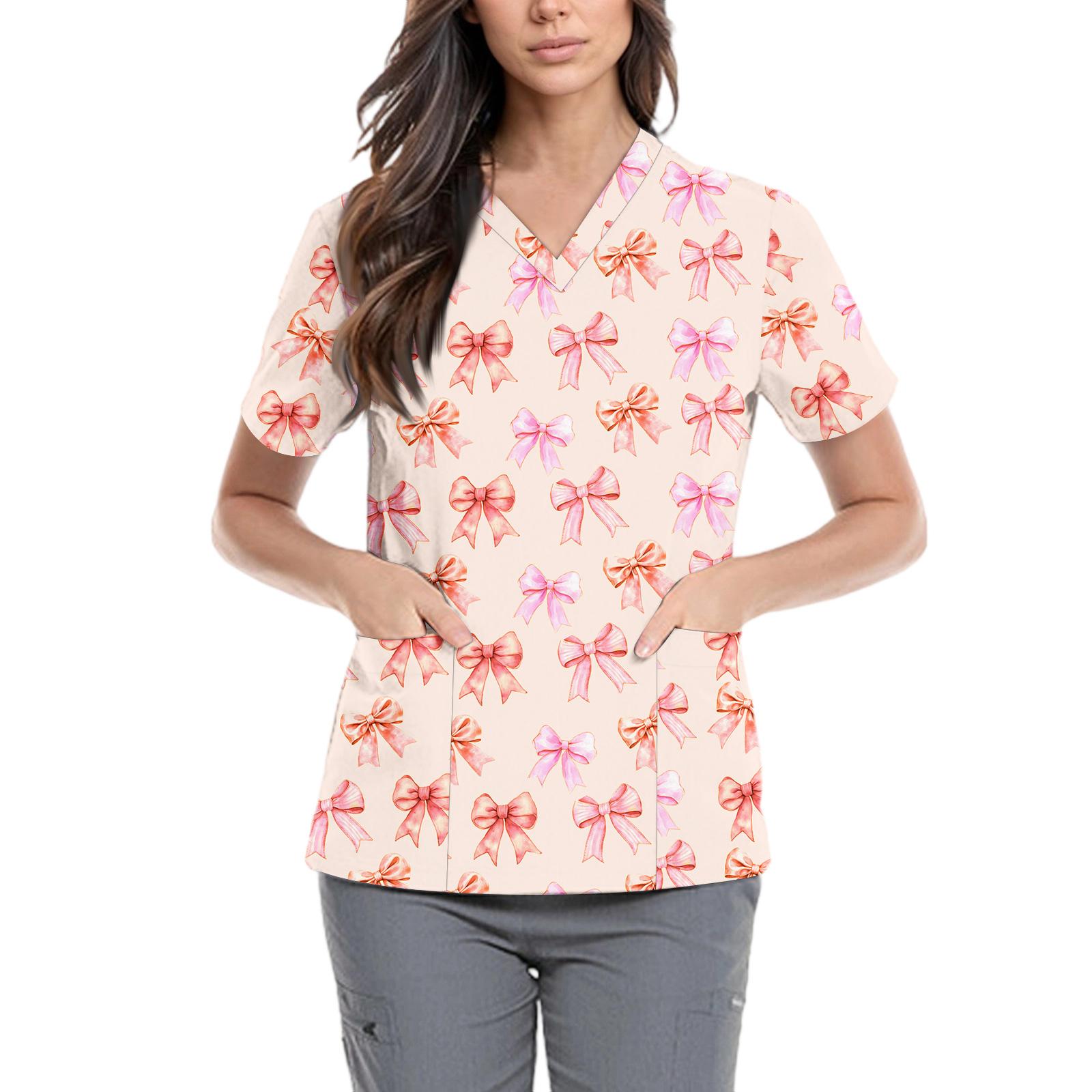 

Women s Cute Bow Printed Work Clothes V-neck Double Layer Pockets Basic Short Sleeve Top Pullover XXXXXL розовый