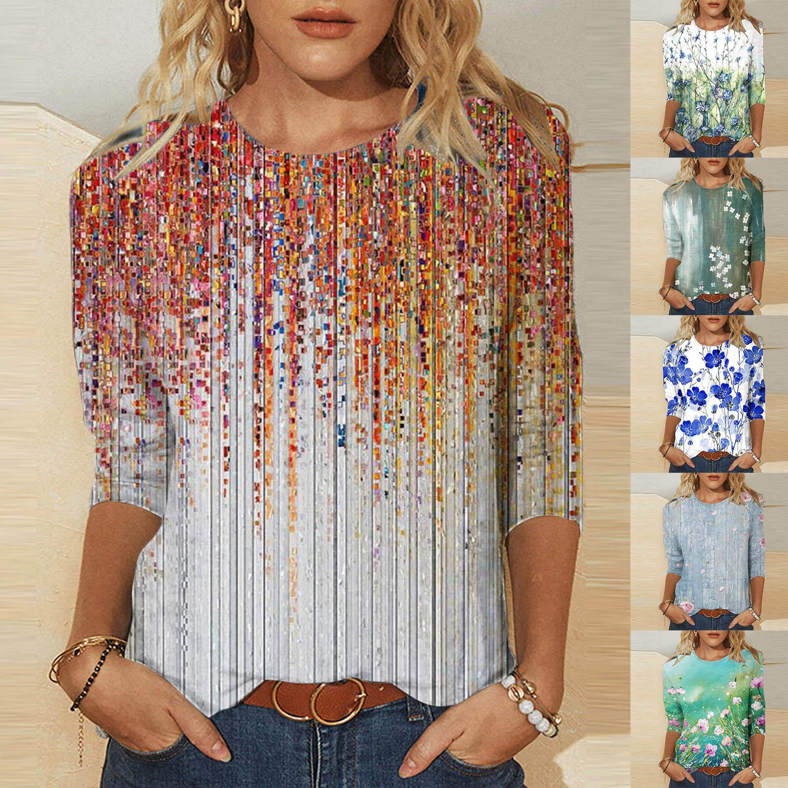 

Жіноча модна футболка з принтом середньої довжини з рукавами 3/4 Блузка з круглим вирізом Повсякденні топи L синій