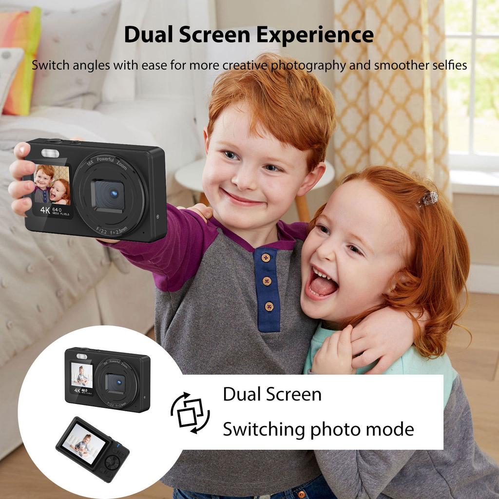 4K Dual Screen Digital Camera Automatic Focus 18X Zoom Portable 2.4 Inch Display for Students Teenagers Kids