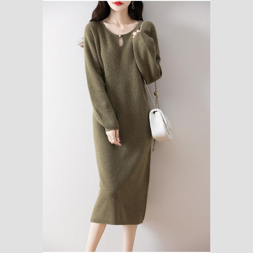 Knitted Straight Dress for Women Long-sleeved Casual Long Sweater Dress Solid Color Round Neck Pullover for Autumn and Winter