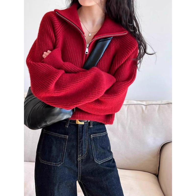 Fashion Autumn Winter Semi-turtleneck Zipper Women Knitted Sweater Long Sleeve Loose Short Tops New Solid Color Office Casual Simple Clothing