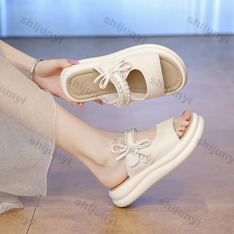 Fashion Women's One Word Slippers 2025 Summer New Fashion Bow-knot Platform Sandals Outdoor Comfortable Height Increase Casual Flats