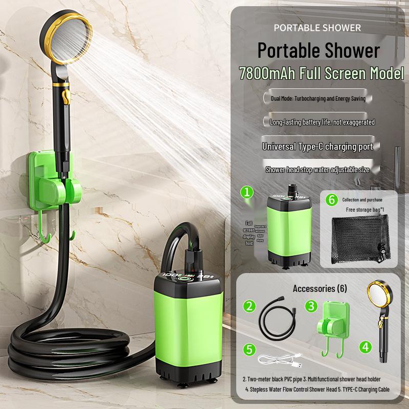 Electric Camping Shower Set with Rechargeable Pump and Water Bag.