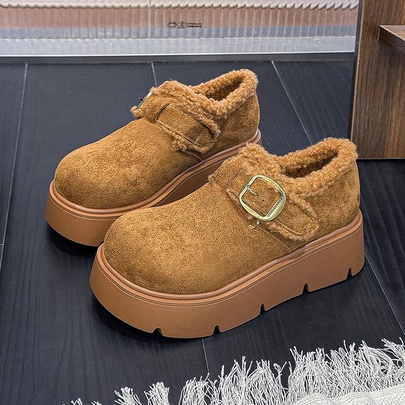 Tjockbottnade sammetshelskor för damer, vinternyhet, retro, fluffiga bomullsskor, en pedal, varma snöstövlar