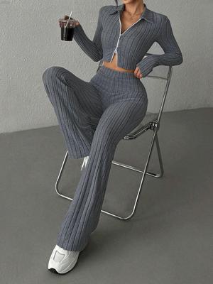Damen Langarm-Sweatshirt und Hosen-Set im europäischen und amerikanischen Stil mit Reißverschluss - Herbst/Winter-Kollektion