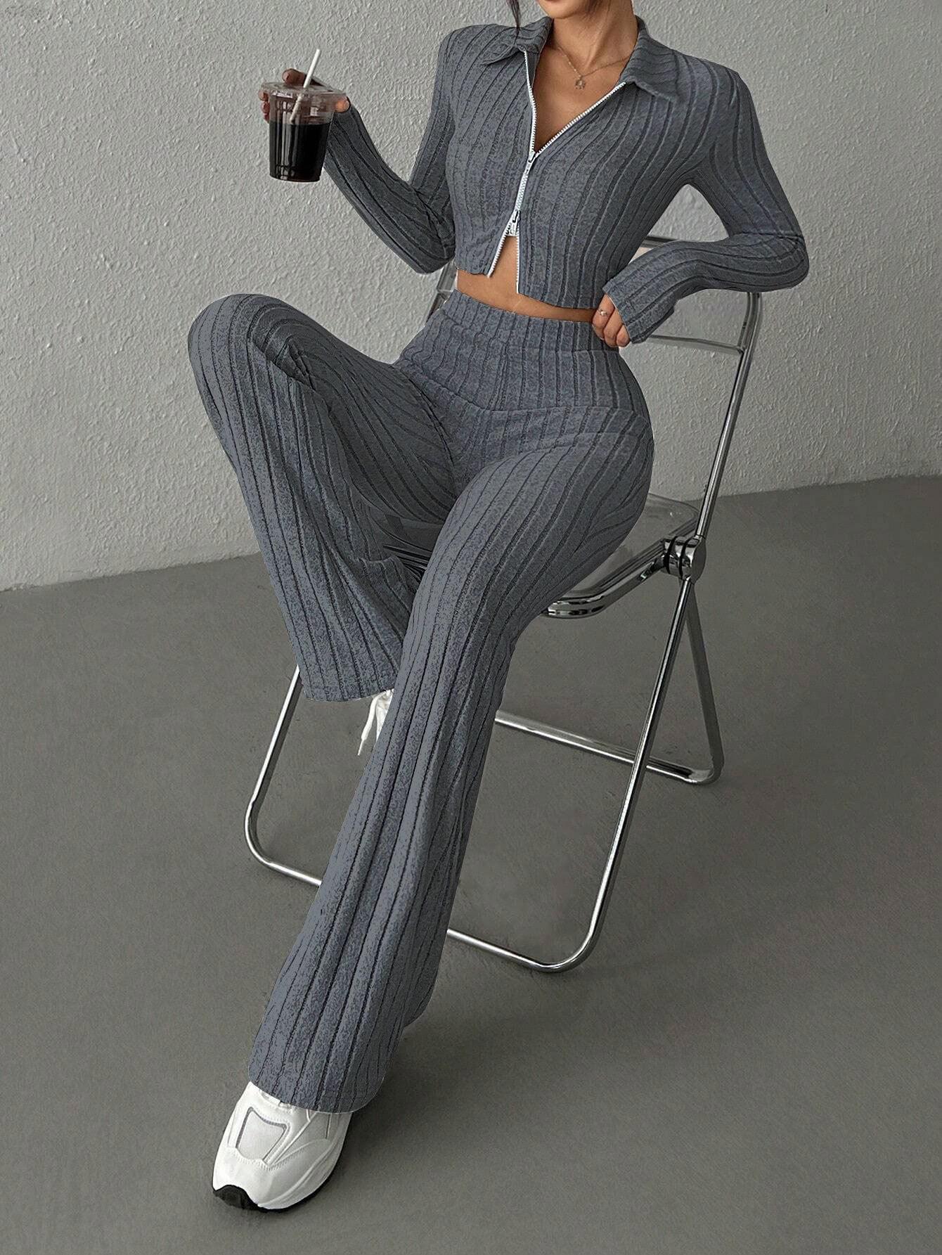 

European & American Style Ladies Long Sleeve Zipper Casual Sweatshirt and Pants Set - Autumn/Winter Collection M