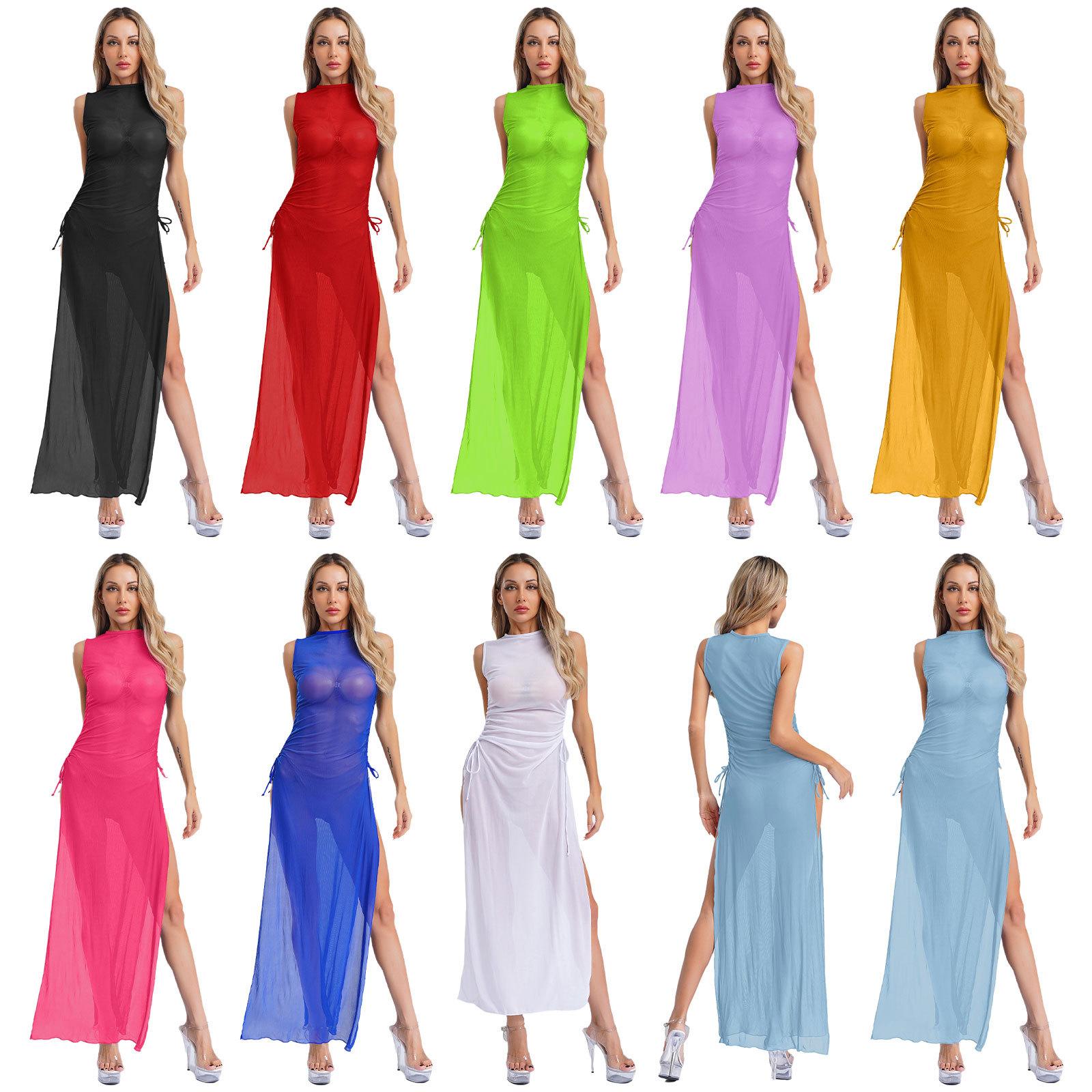 

Womens Sheer Coverup Dress Round Neck Sleeveless Slit Design Mesh Beach Dress Bikini Outerwear