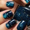 24Pcs Blue Press On Nail Short Square False Nail with Dark Blue Starry Sky Designs Glossy Stick On Nail for Women