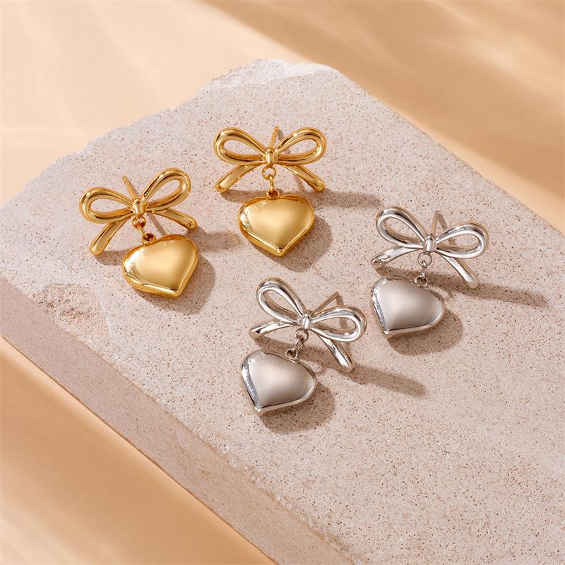 Bow Heart Drop Earrings For Women Gold Plated Stainless Steel Cute Fashion Jewelry