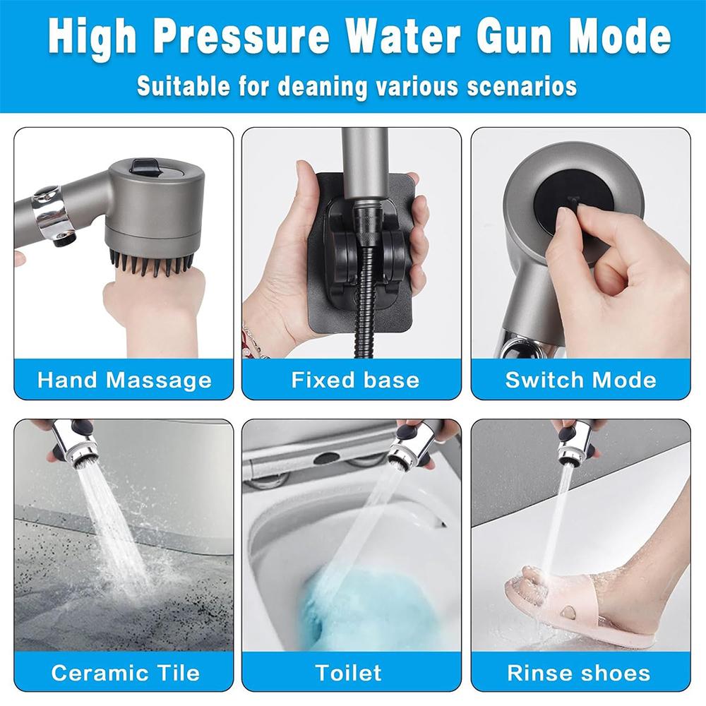4 Modes Massage Shower Head with Silicone Brush Detachable Spray Gun Mode Handheld High Pressure Bathroom Showerhead with Filter