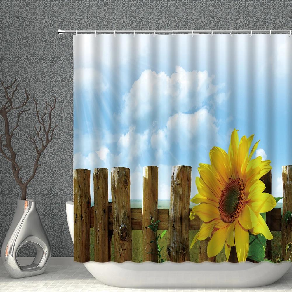 Rose Sunflower Shower Curtain Flower Green Plants Butterfly Bathroom Bath Curtains Waterproof Polyester Cloth Home Decoration