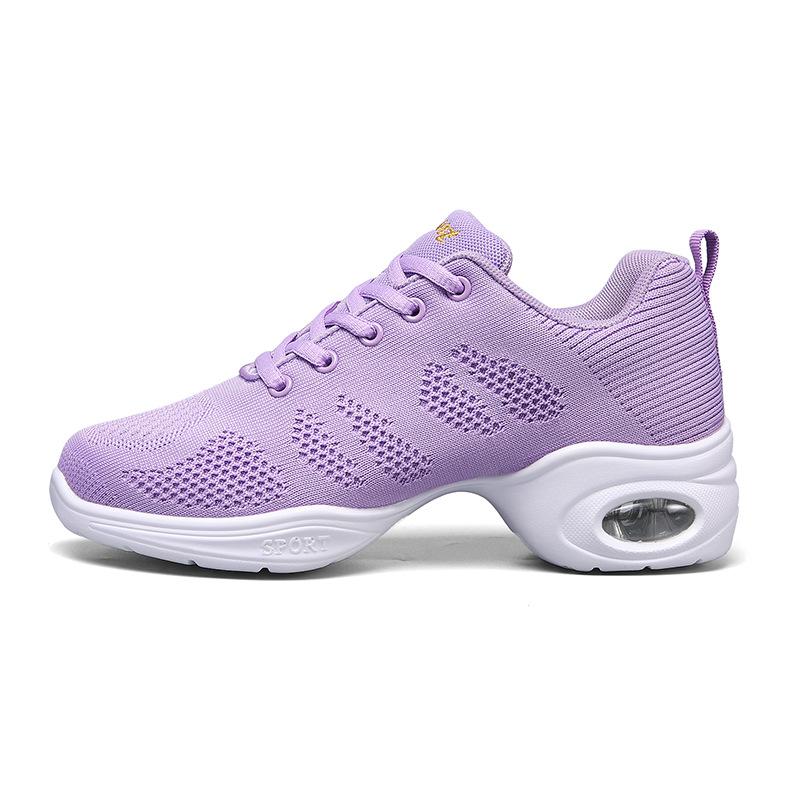 Square dance shoes adult dance shoes women's soft-soled mid-heel fly-woven mesh breathable dance shoes aerobics white purple