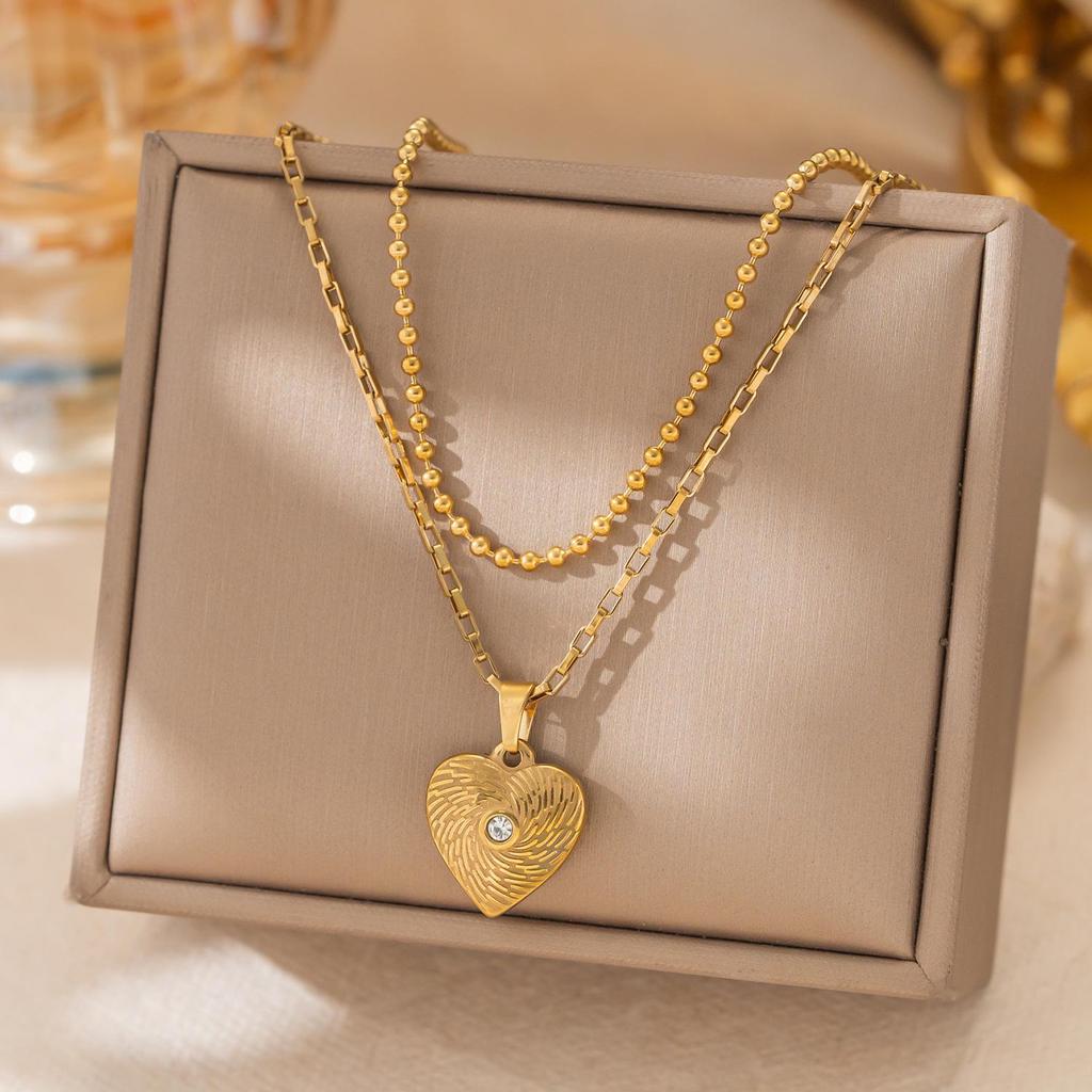 European and American Style Retro Titanium Double Layer Zircon Heart Necklace for Women