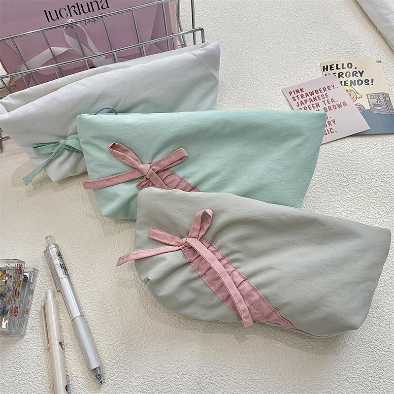 Ins Style Simple Fabric Pencil Case Bowknot Makeup Bag Large Capacity Storage Bag Stationery Pouch School Supplies Girls Gift