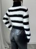 Fall Winter New Women's High Neck Striped Knit Sweater Top Ribbed Pullover