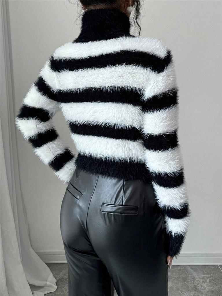 Fall Winter New Women's High Neck Striped Knit Sweater Top Ribbed Pullover