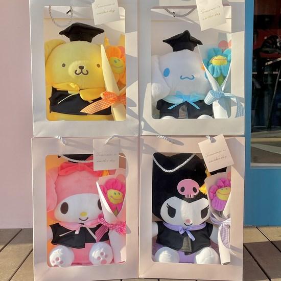Sanrio Graduation Cap Pom Pom Purin Doll + Mini Flower Bouquet + Shopping Bag Set, a popular character in Korea