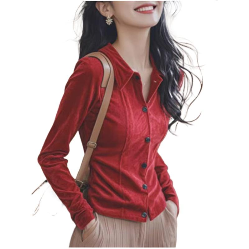 Light French Niche Top Foreign Style Red Velvet Shirt Women's Autumn