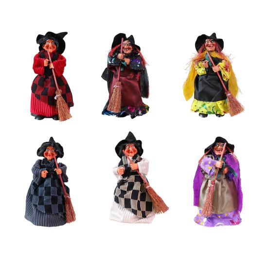 Halloween Witch Doll Standing Witch Figure Holding Broomstick Desktop Spooky Witch Figurine for Halloween Party Mantel Dining Table Decor