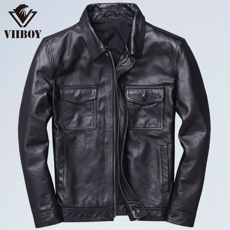 Cowhide pattern lapel locomotive leather jacket is very good for men, leather Ami Kaji casual old retro leather jacket
