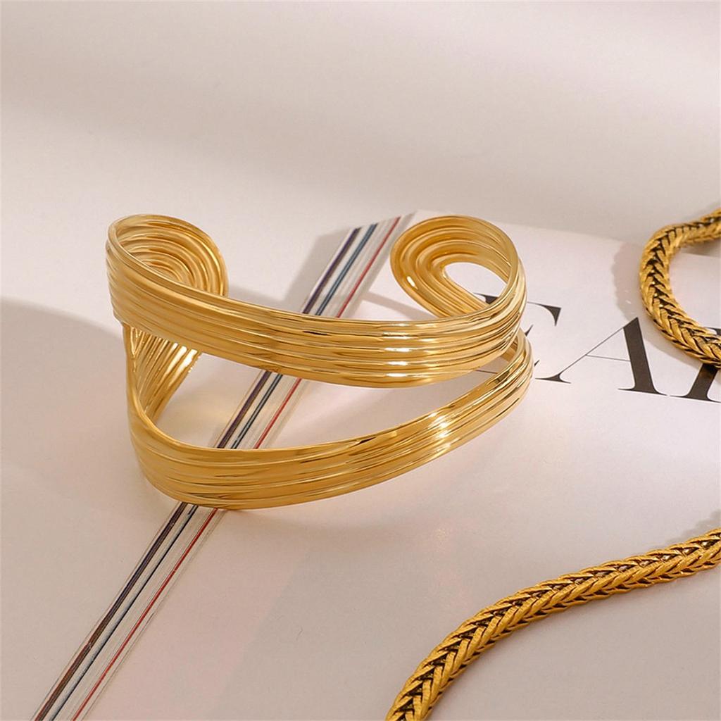 Waterproof 316L Stainless Steel Metal Round Bracelet Bangle Women Minimalist 18k Gold Color Texture Charm Jewelry