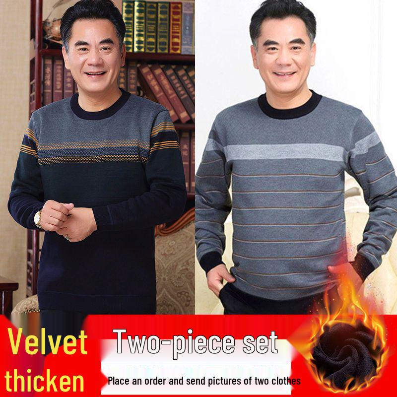 Men's Thick Fleece-Lined Sweater - Grandpa Style, Round Neck, Perfect for Winter Warmth
