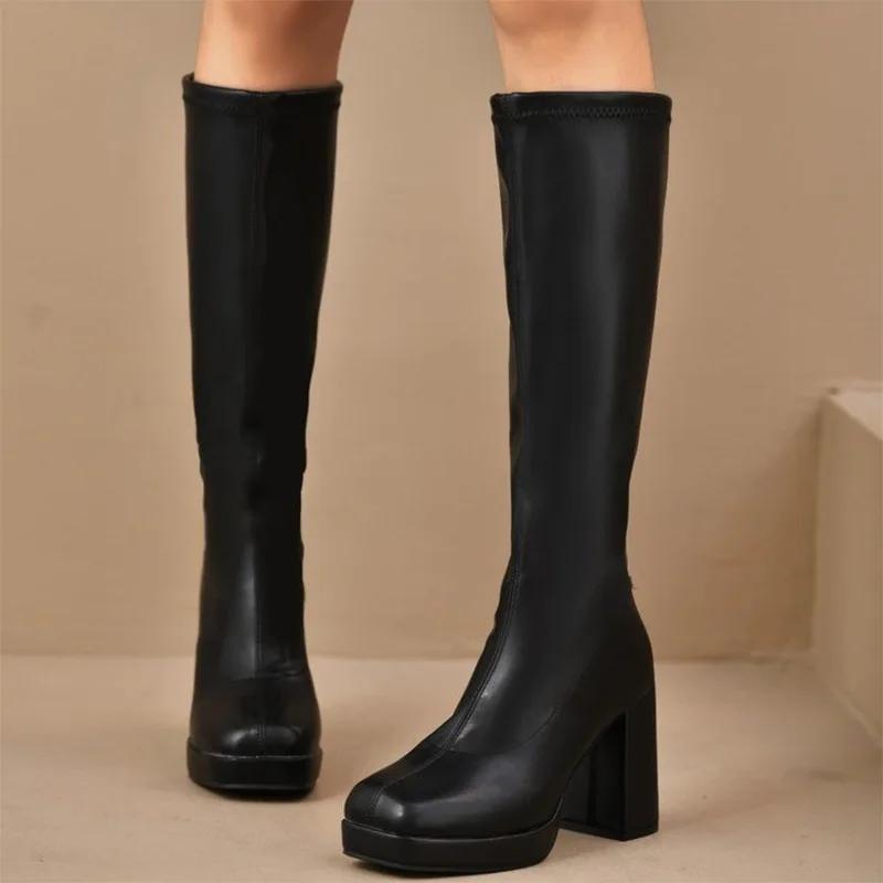 Fashion Plus Size High Heels Boots for Women Square Heeled Chunky Platform Knee-High Boots Woman 2025 Winter Thick Sole Square Toe Boots
