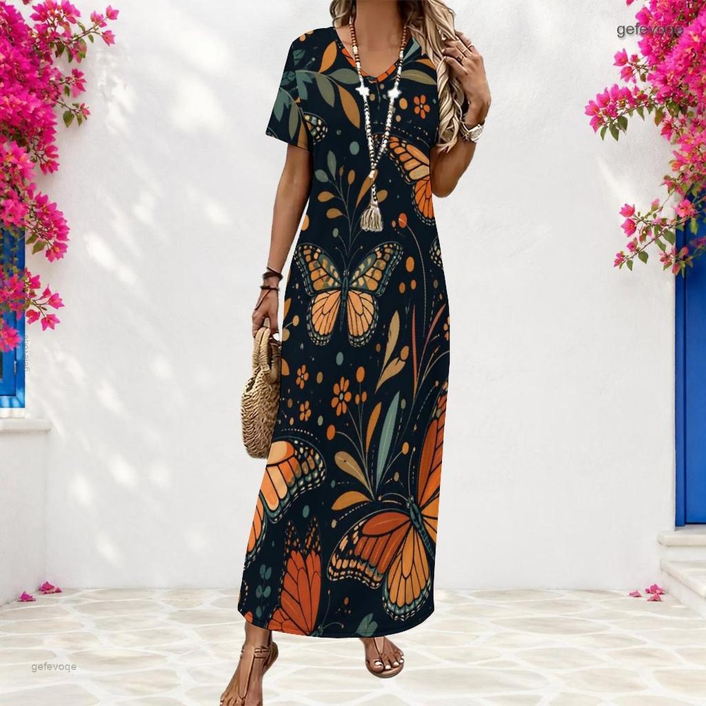 Women Plus Size V Neck Short Sleeve Butterfly Floral Printed Straight Maxi Dress