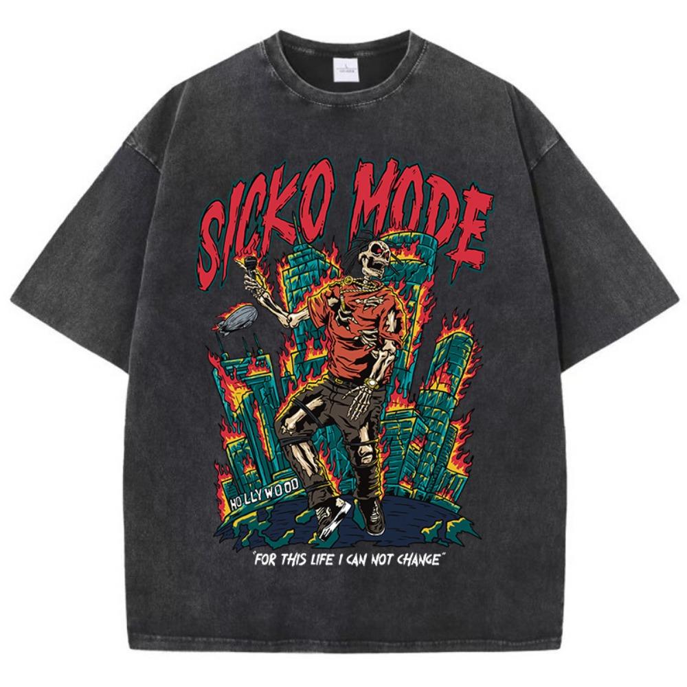 Amerikanisches Retro-T-Shirt Herrenmode Straßenkleidung Gewaschenes Altes Straßenkleidung Skelett Sänger Grafik-T-Shirts
