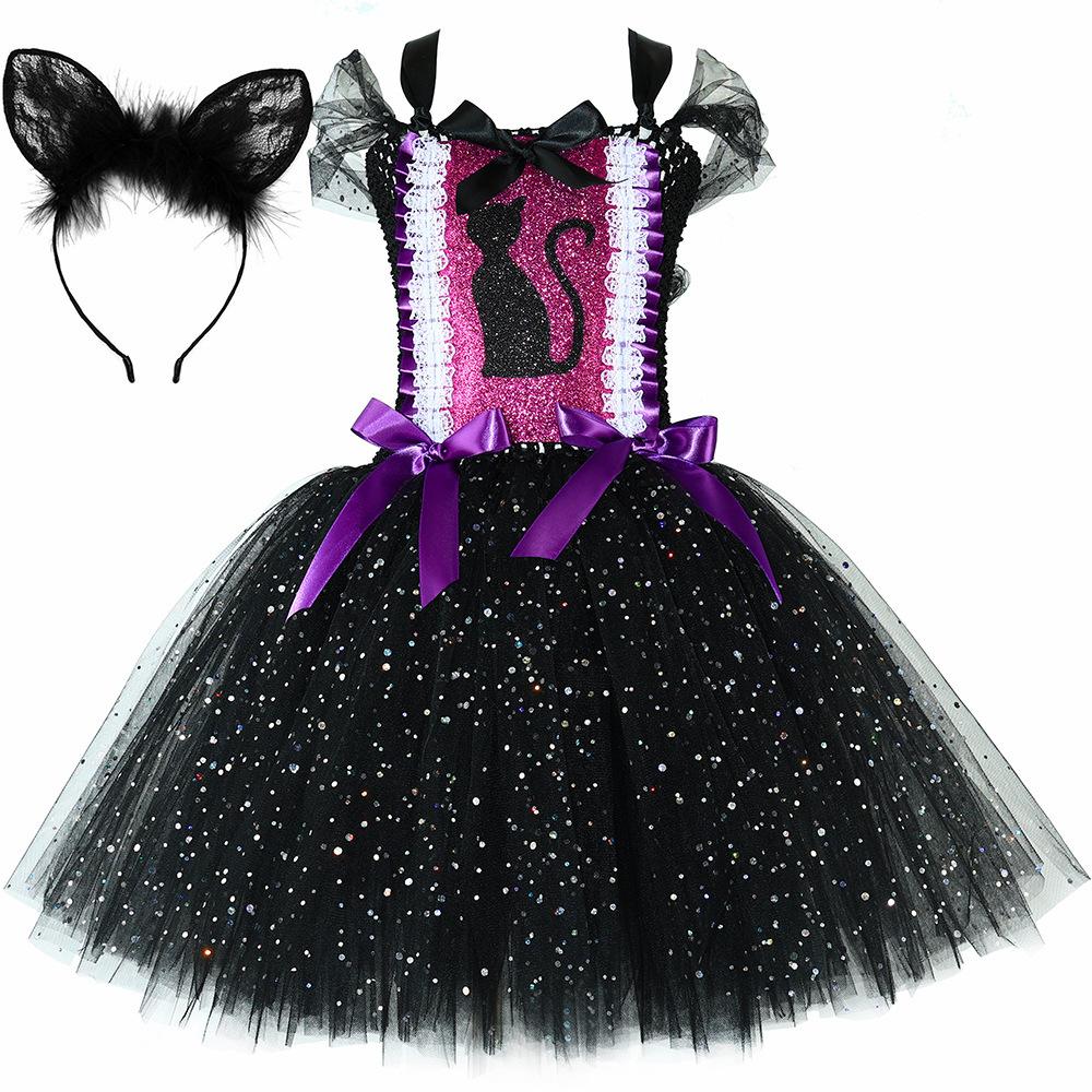 Sparkly Black Cat Tutu Dress for Baby Girls Animal Halloween Costumes with Ears Hairbow Kids Twinkle Kitty Ballet Tutus Outfit