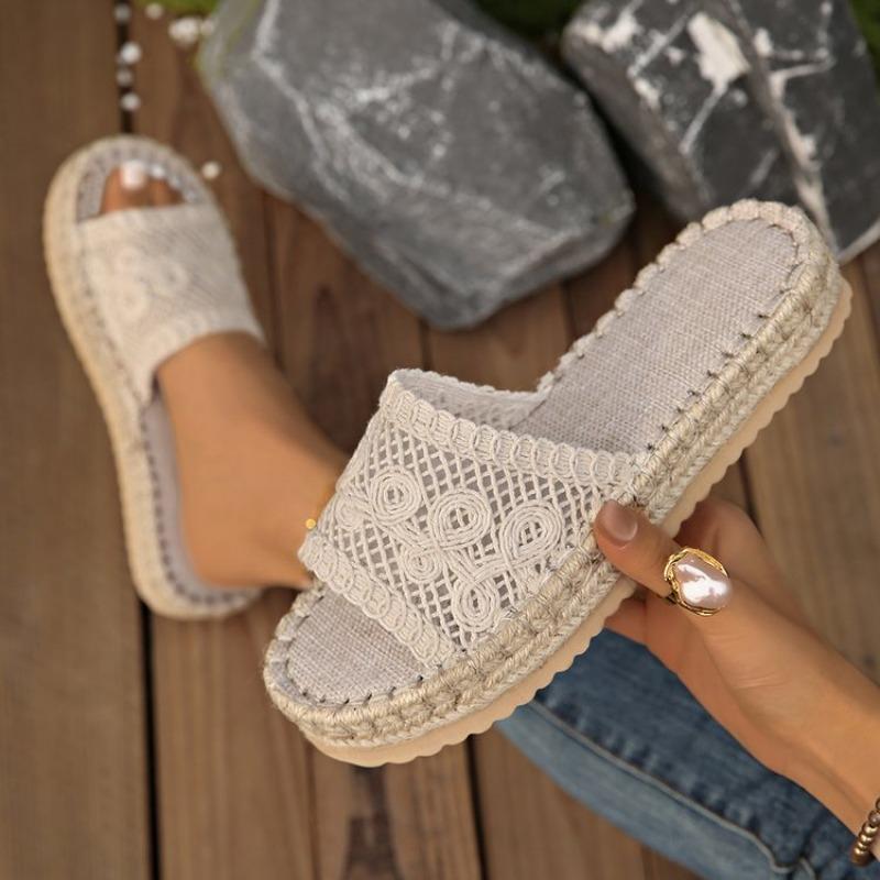 Fashion Ladies' Lace Linen Slippers Women's Sexy Grass Woven Slides Outdoor Light Comfortable Sweet Mesh Handmade Shoes Home EVA Sandals