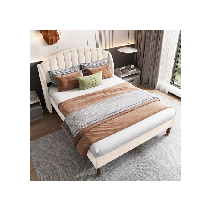 Bett - MUVOE - 140x190 cm - Velours beige - Lattenrost - Gepolstertes Kopfteil