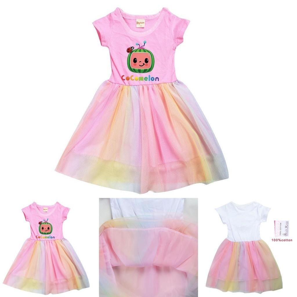 Cocomelon Kinder Mädchen Prinzessinnenkleid Mit Kurzem Ärmel Cartoon Anime Druck Und Atmungsaktivem Netzstoff