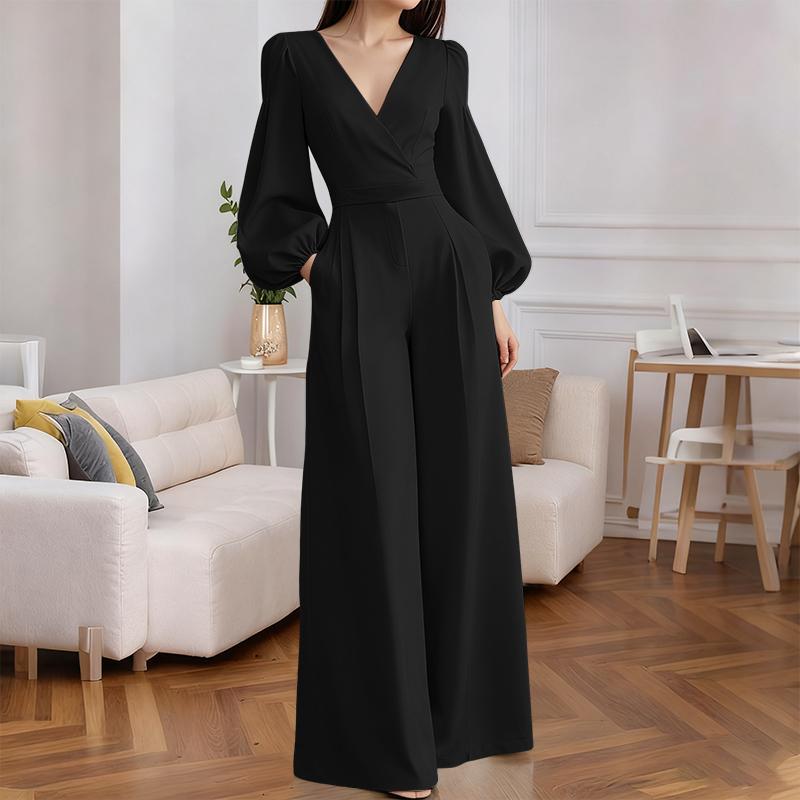 ZANZEA Women Elegant V-Neck Casual Long Sleeve Wide Leg Jumpsuits S чёрный