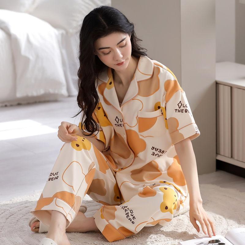 Pajamas women's summer cotton short-sleeved trousers cardigan sweet high-value loungewear set