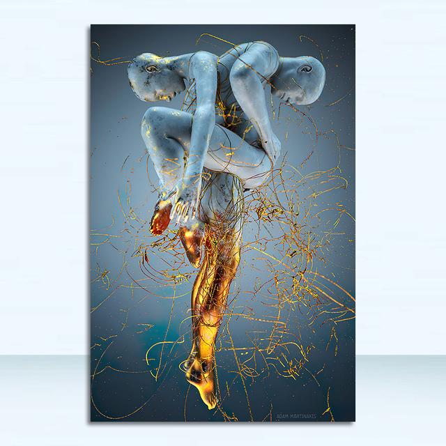 Metal Abstract Figure Statue Canvas Painting Poster and Prints Golden Portrait Sculpture Wall Picture for Living Room Home Decor