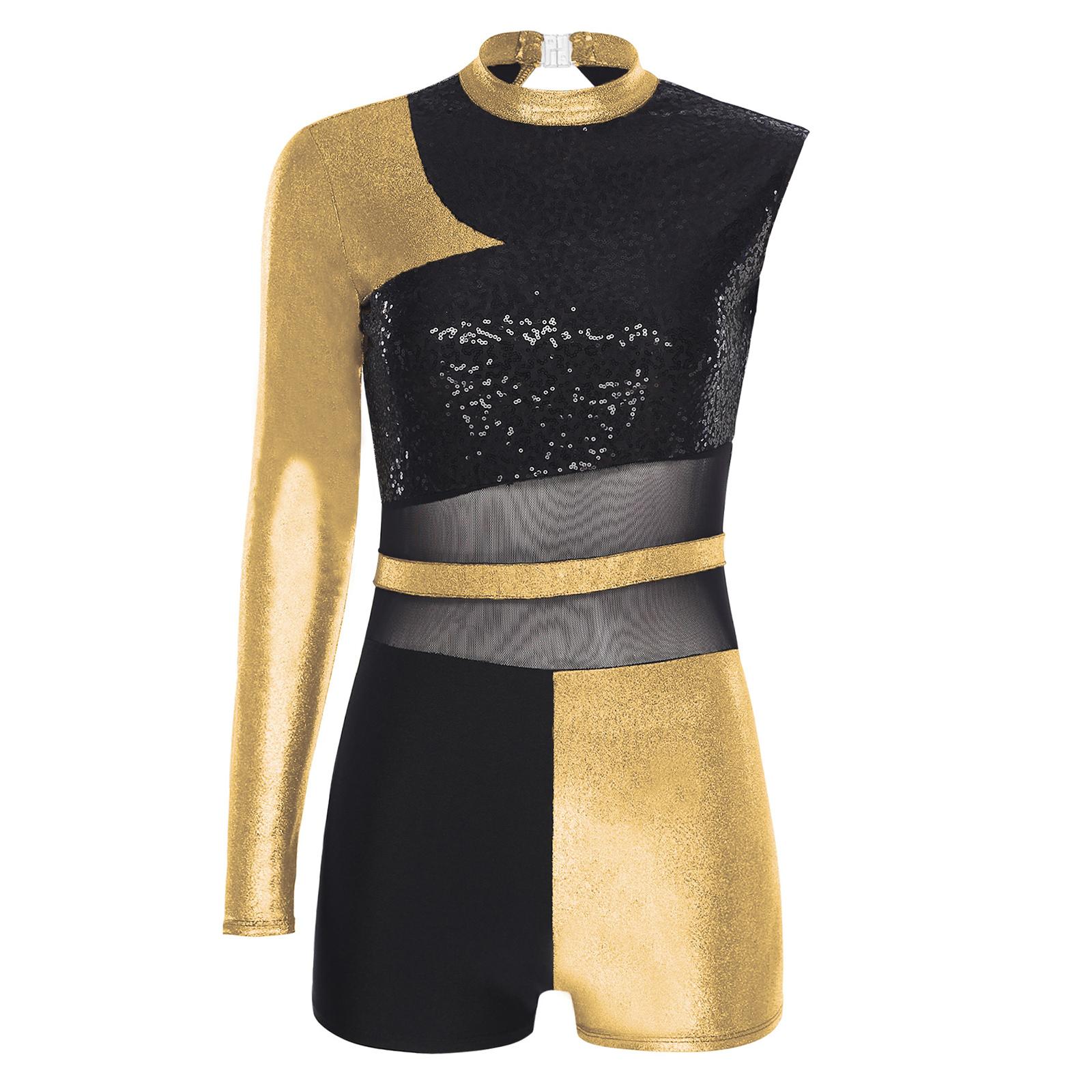 

Womens Ballroom Dance Leotard Asymmetrical Bodysuit Backless Boyshort Style Glittery Sequins Latin Costume S жовтий