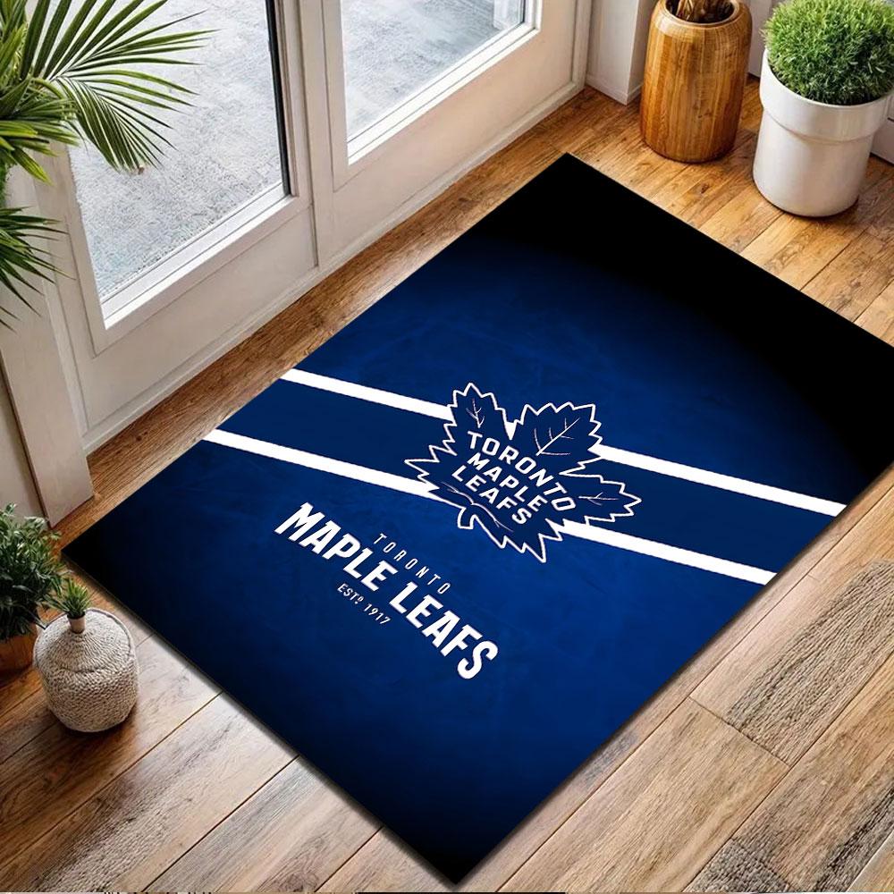 "Tappeto Fantasia Logo Toronto Maple Leafs su Sfondo Blu, Tappetino Antiscivolo Adatto per Divani del Soggiorno e della Camera da Letto"