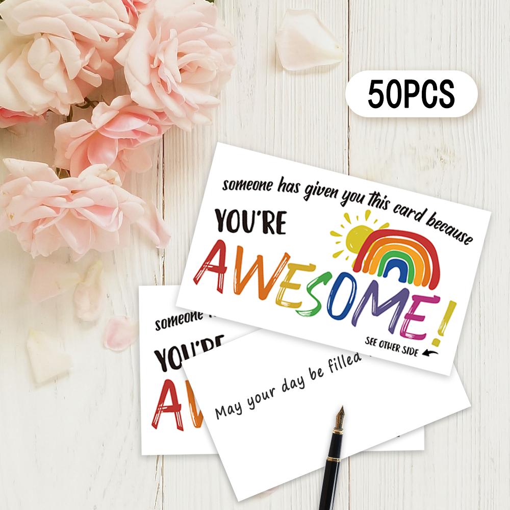 50 pcs, ‘You're Awesome’ Rainbow Encouragement Cards, Motivational Cards, Thank You Cards for Students, Teachers, and Staff
