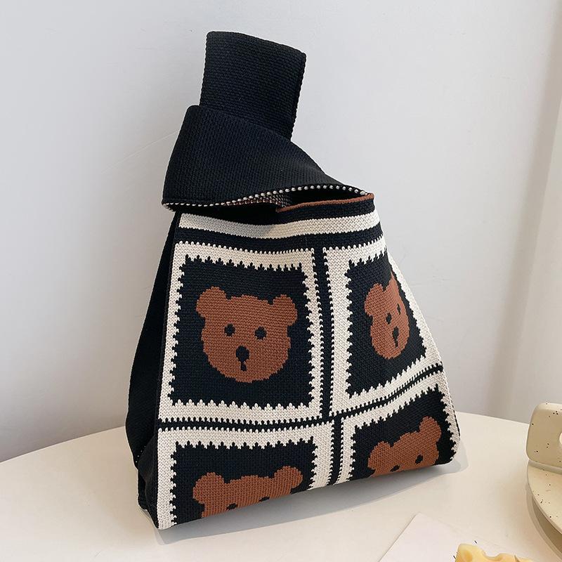 Japanese Thin Stripe Plaid Tote Bag Women Casual Color Handmade Knit Handbag Student Reusable Shopping Bag Keys Purse Handle Bag
