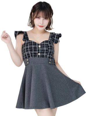 Coco and Yuka Tweed Mini Dress with Flared Cute Tight Party Dress for Short Lolita Style Size Women's Skirt, Ruffles, Fit, Off-the-Shoulder, Sexy,
