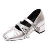 Silver inner height increase Mary Jane shoes bow flat bottom new 6cm French single shoes women's summer ballet large size women's shoes