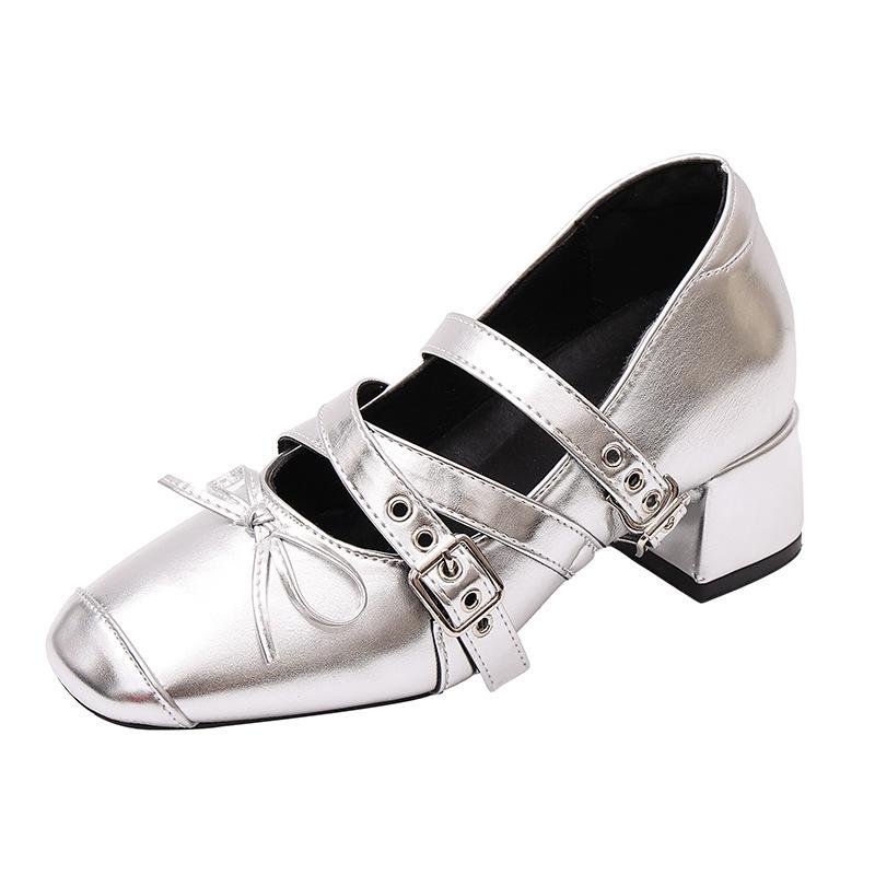 Silver inner height increase Mary Jane shoes bow flat bottom new 6cm French single shoes women's summer ballet large size women's shoes