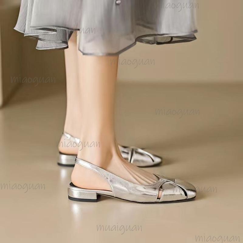 Fashion Cover Toe Low Heel Pumps Women's Sandals Gold Silver Slip On Comfortable Outwear Summer PU Leather Sandals Zapatos De Mujer