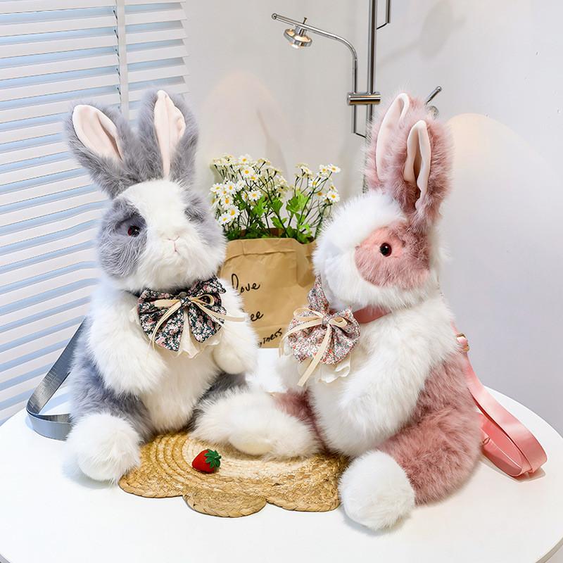 Cute Bowknot Plush Rabbit Backpack Realistic Long Fur Bunny Doll Cartoon Stuffed Animal Bag
