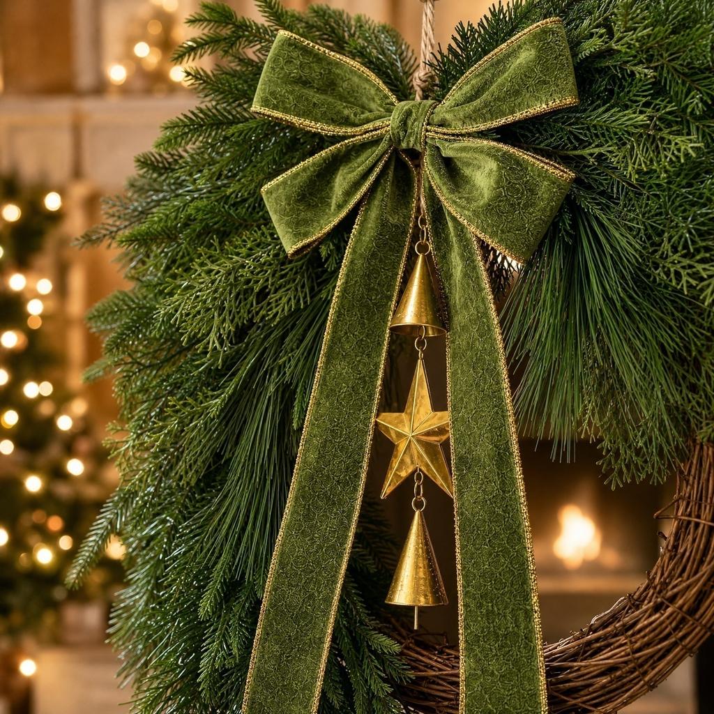 60cm Artificial Christmas Wreath with Pine and Cedar Branches Velvet Bow and Metal Bell Star Hanging Decoration for Door Wall Indoor Use