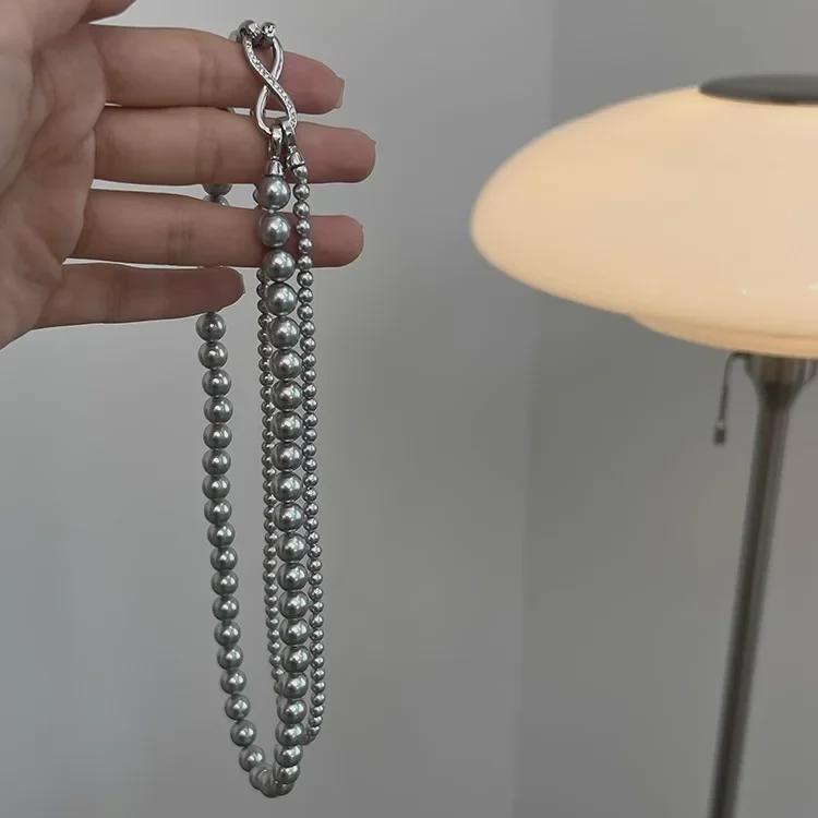 Shijia Pearl Double-Layered Necklace with Detachable 8-Shaped Buckle – Versatile Styles, Hemp Gray Chain.