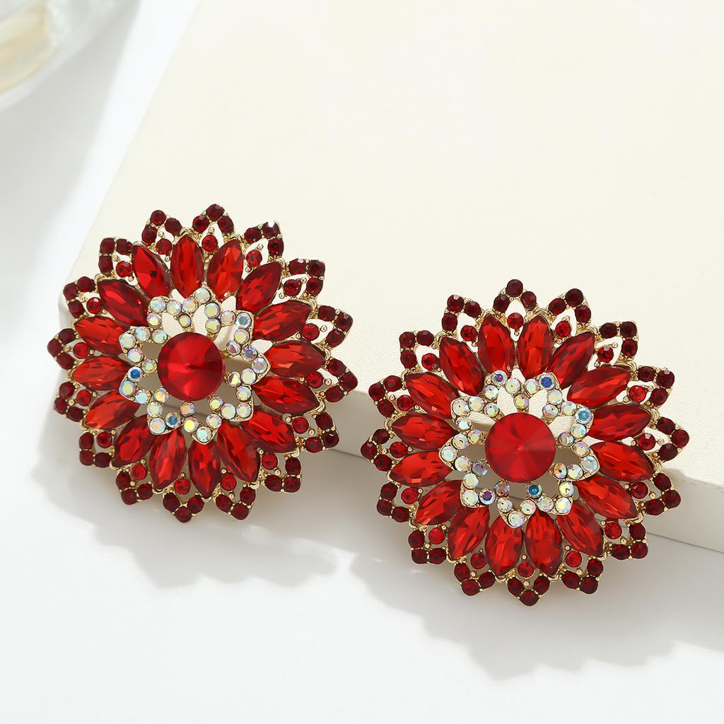 Luxury Full Rhinestone Flower Earrings For Women Exaggerated Fashionable Atmospheric Studs Temperament Versatile Commute Jewelry
