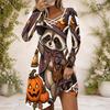 Women Criss Cross V Neck Long Sleeve Halloween Raccoon Witch Pumpkin Print Curved Hem Dress