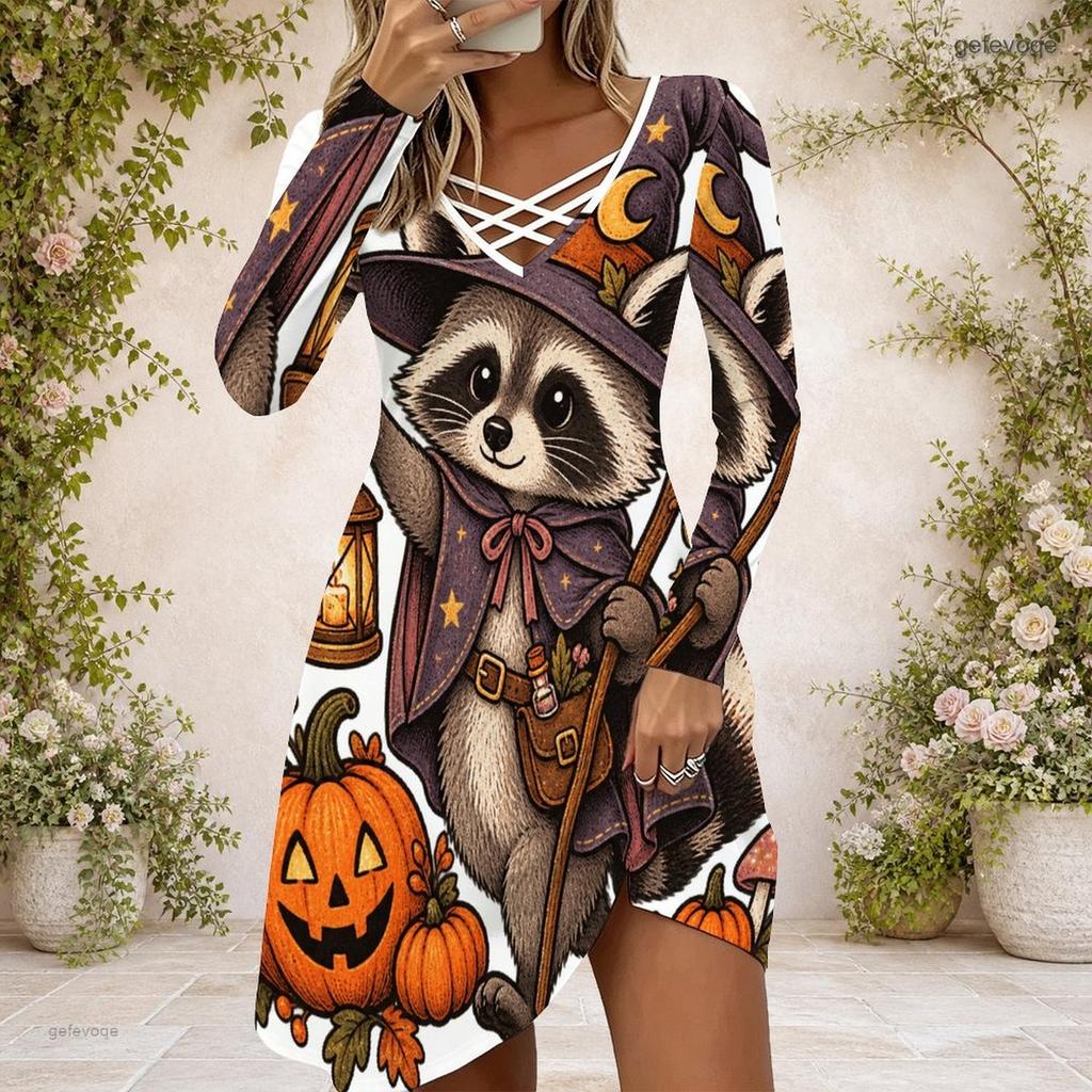 Women Criss Cross V Neck Long Sleeve Halloween Raccoon Witch Pumpkin Print Curved Hem Dress